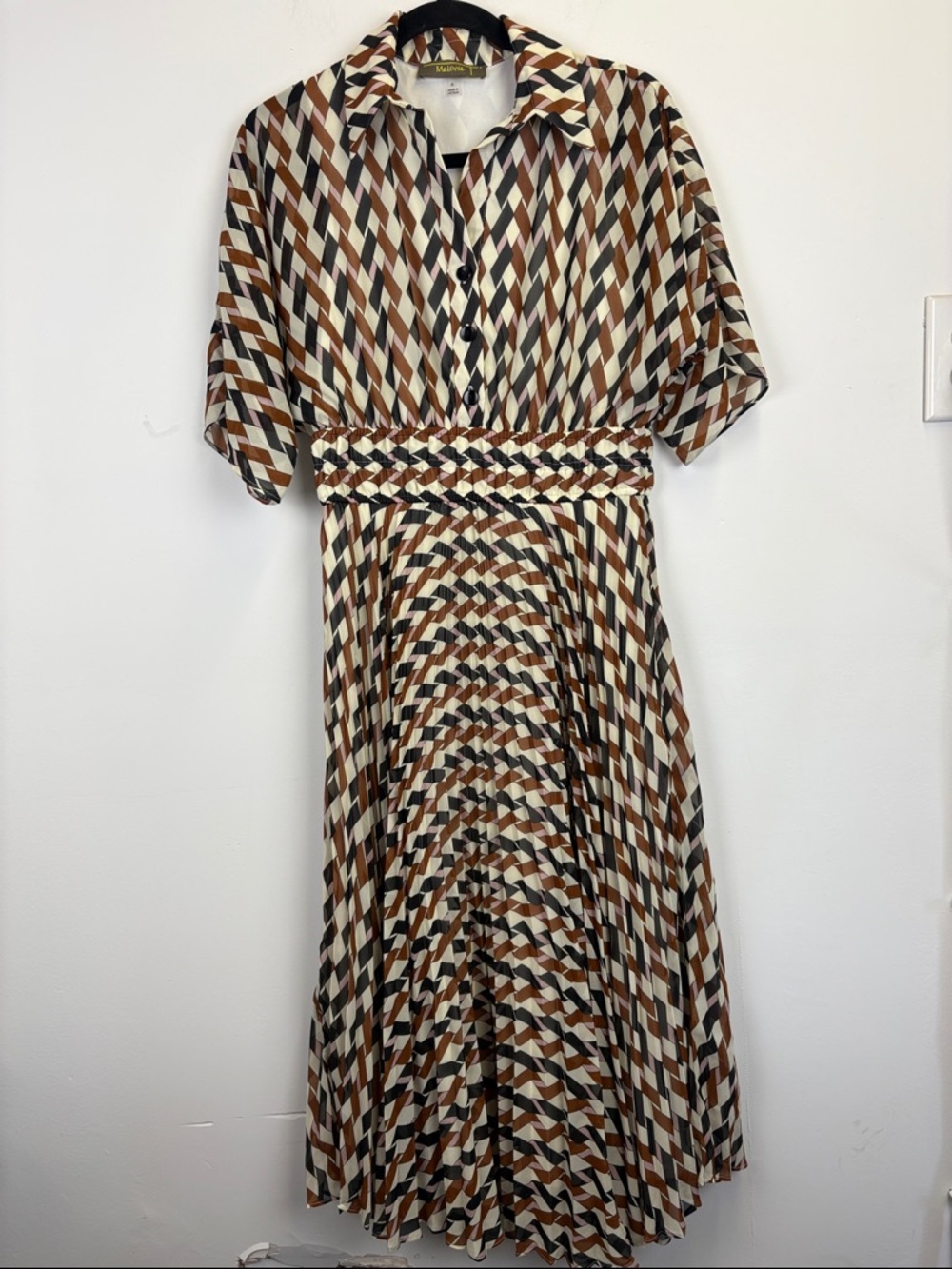 Melonie Pleated Midi Dress Geometric Print Smocked Waist Retro Size 6